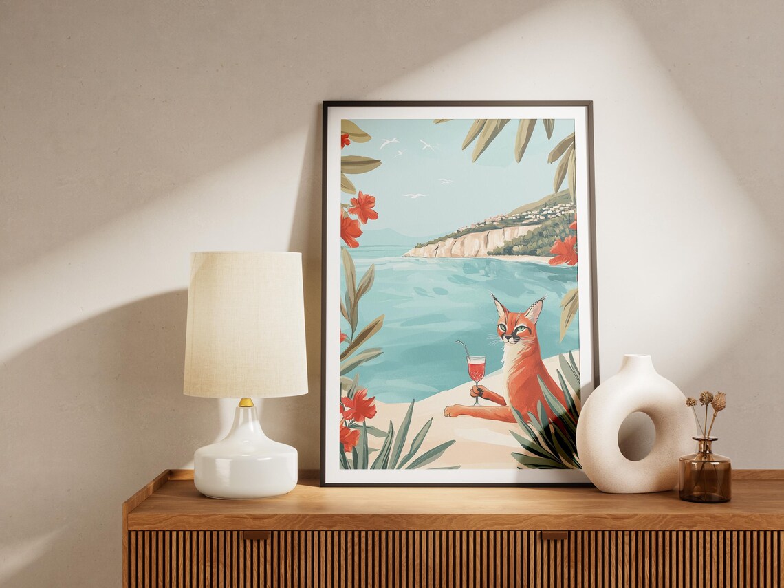 Caracal Cat Cocktail Seaside Hibiscus Flowers Relaxation Poster - Image 4