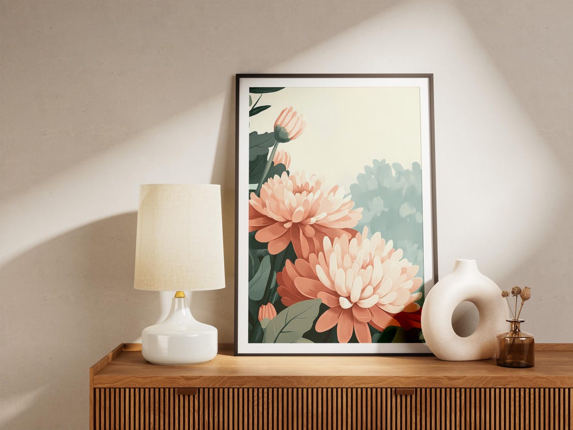 Peach Chrysanthemum Blossoms in a Botanical Illustration Poster - Image 5