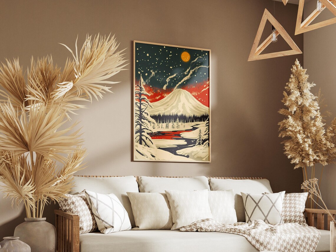 Snowy Mountain Peak at Sunset With a Glowing Yellow Moon Poster - Image 3