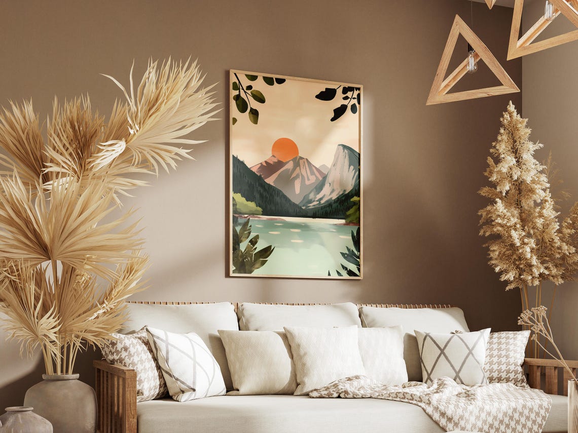 Sunset Over Mountain Lake Leafy Branches Landscape Scenic Poster - Image 3
