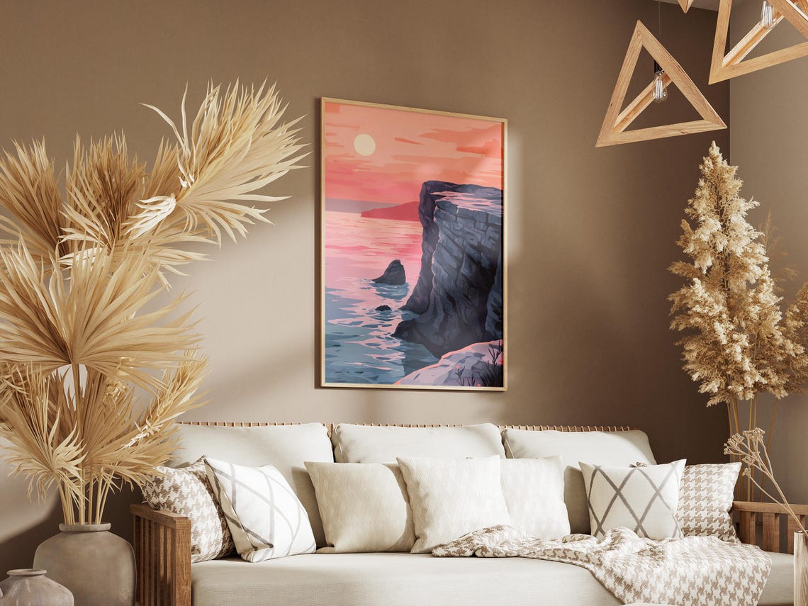 Pink Sunset Coastal Cliff Over Calm Sea Romantic Scene Poster - Image 3