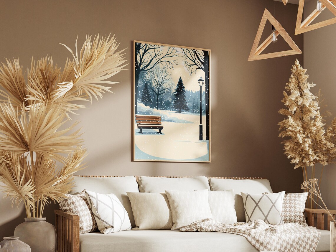 Snowy Park Bench Under a Vintage Lamp Post in Falling Snow Poster - Image 3