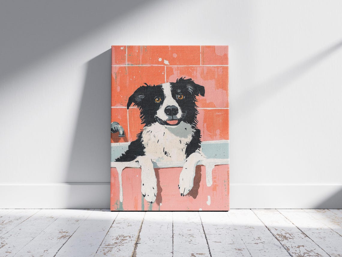 Border Collie Bubble Bath Orange Tiles Happy Dog Bathroom Poster - Image 2