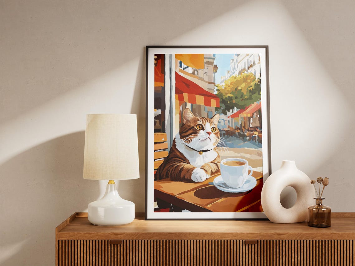 Tabby Cat With Bell Collar At A Parisian Cafe Terrace Poster - Image 4