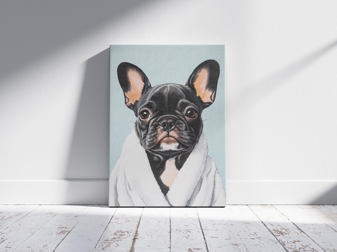 Black French Bulldog Puppy in White Bathrobe Cute Pet Poster - Image 2
