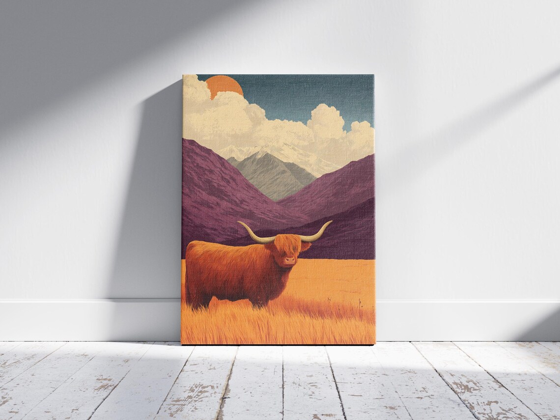 Highland Cow in Golden Field Purple Mountains Sunset Art Poster - Image 2