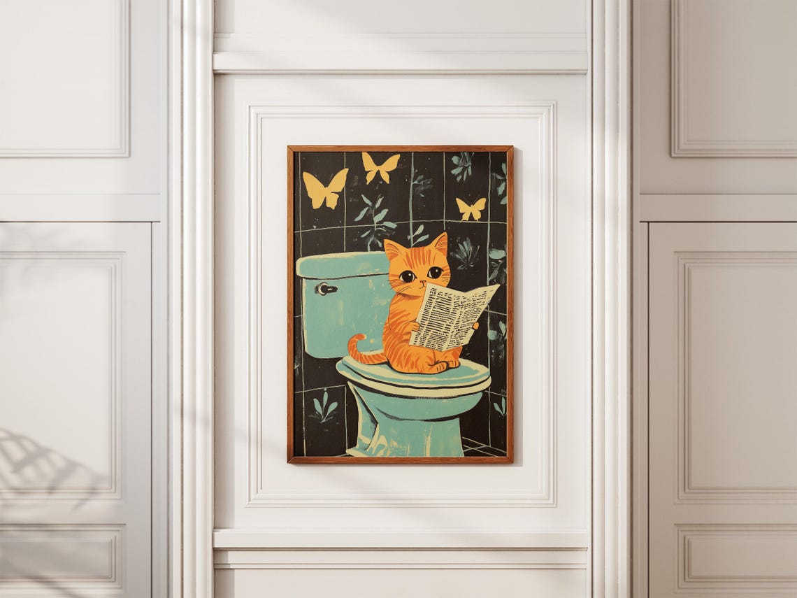 Orange Kitten Reading Newspaper on Toilet Butterfly Art Poster - Image 2