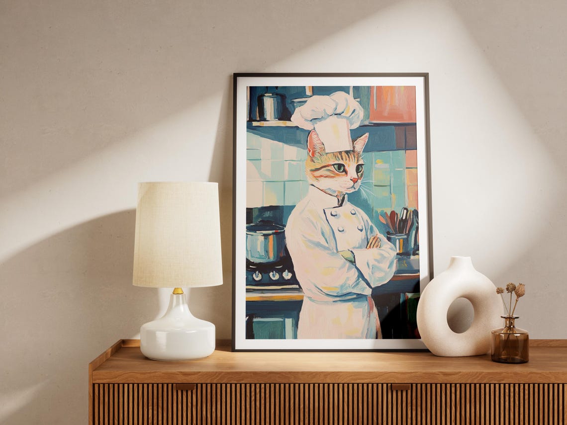 Cat Chef Art Print Funny Kitchen Poster Whimsical Wall Animal Lover Gift Quirky Decor Portrait - Image 4