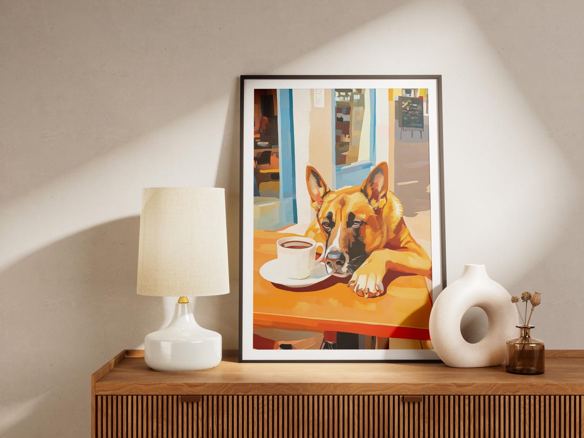 German Shepherd Napping at Cafe Table with Coffee Cup Poster - Image 4