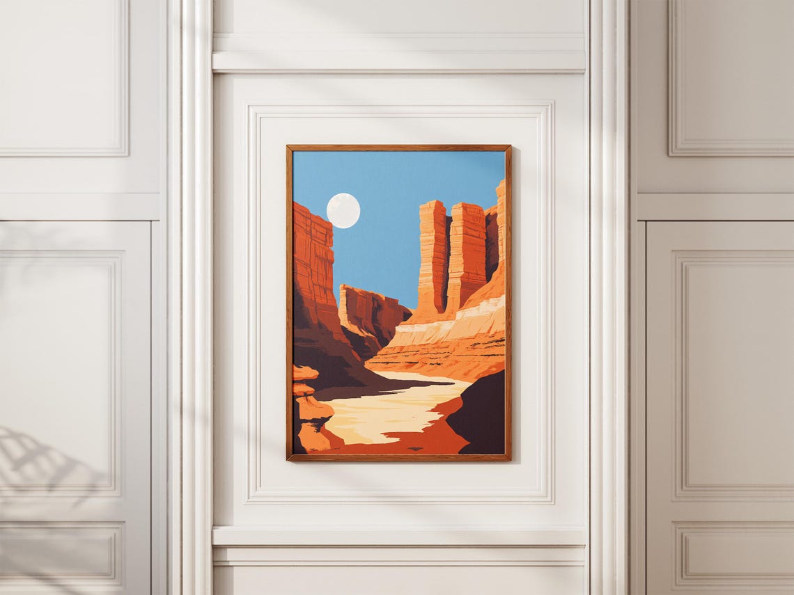 Red Sandstone Canyon Twin Pillars River White Moon Desert Poster - Image 2