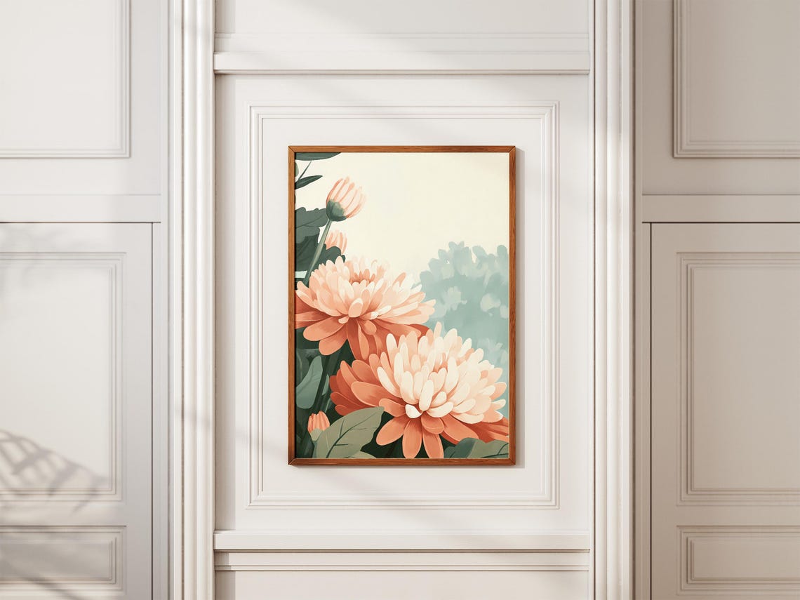 Peach Chrysanthemum Blossoms in a Botanical Illustration Poster - Image 2