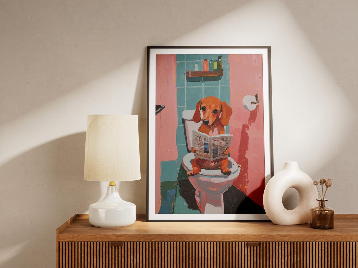 Dachshund Dog Sitting on Toilet Reading Newspaper Funny Poster - Image 4