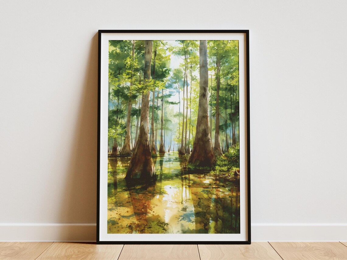 Congaree Swamp Cypress Trees Watercolor Forest Landscape Poster