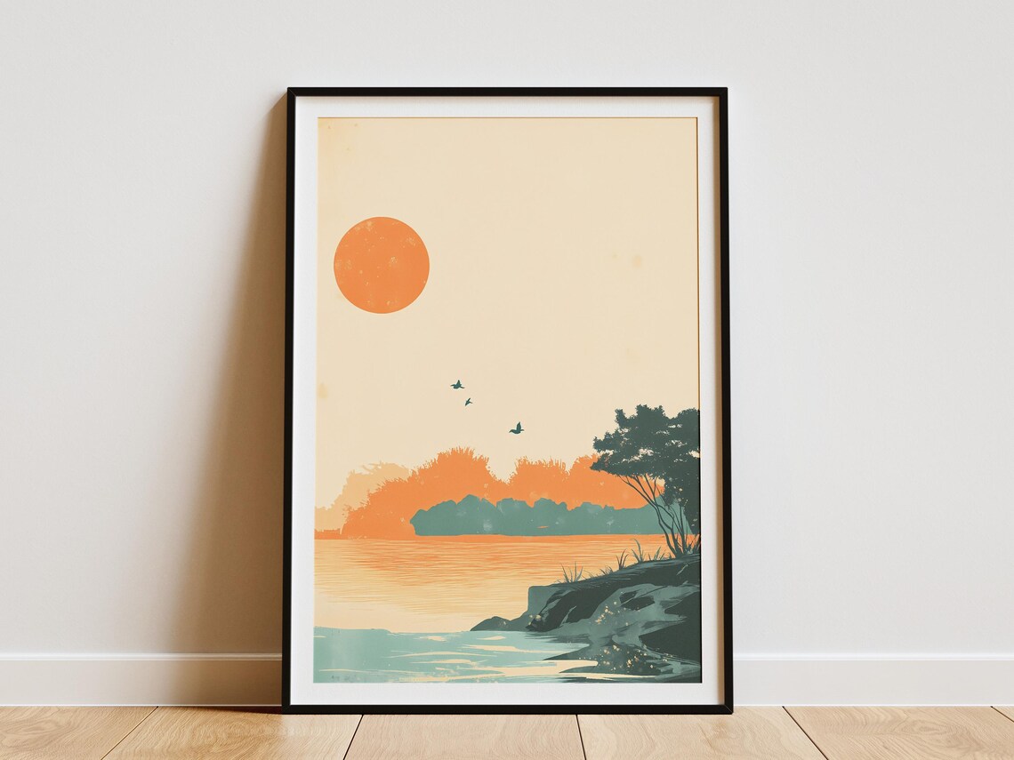 Minimalist Sunset Over Water with Birds Silhouette Art Poster