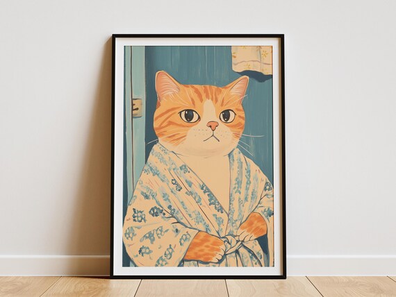 Funny Grumpy Orange Cat in Floral Bathrobe Vintage Style Poster