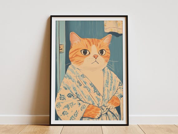 Scottish Fold Cat Bathrobe Poster Funny Bathroom Art Print Cute Animal Wall Decor Novelty Home Orange Tabby In Robe
