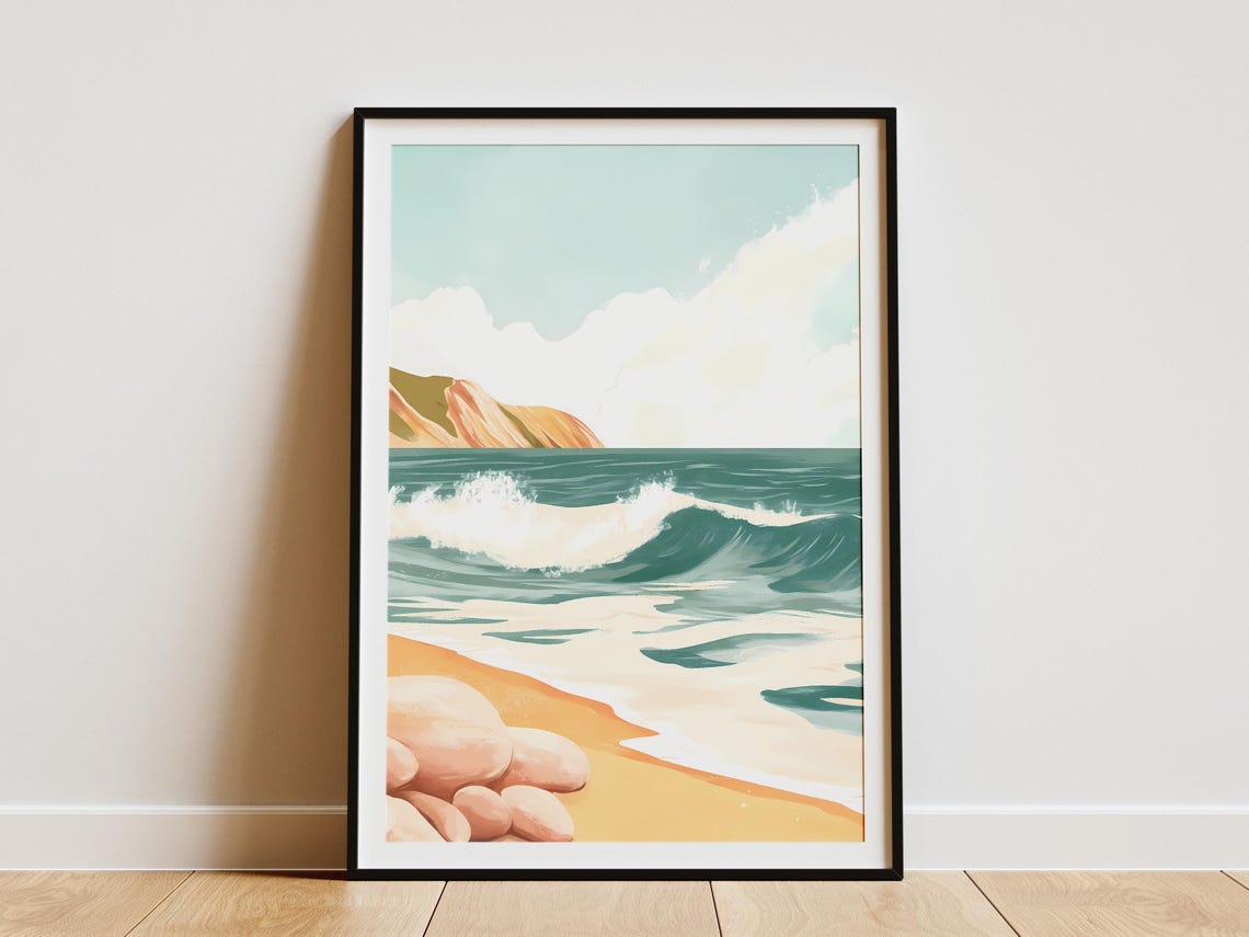 Pebble Shore Rolling Teal Waves Distant Headland Beach Art Poster