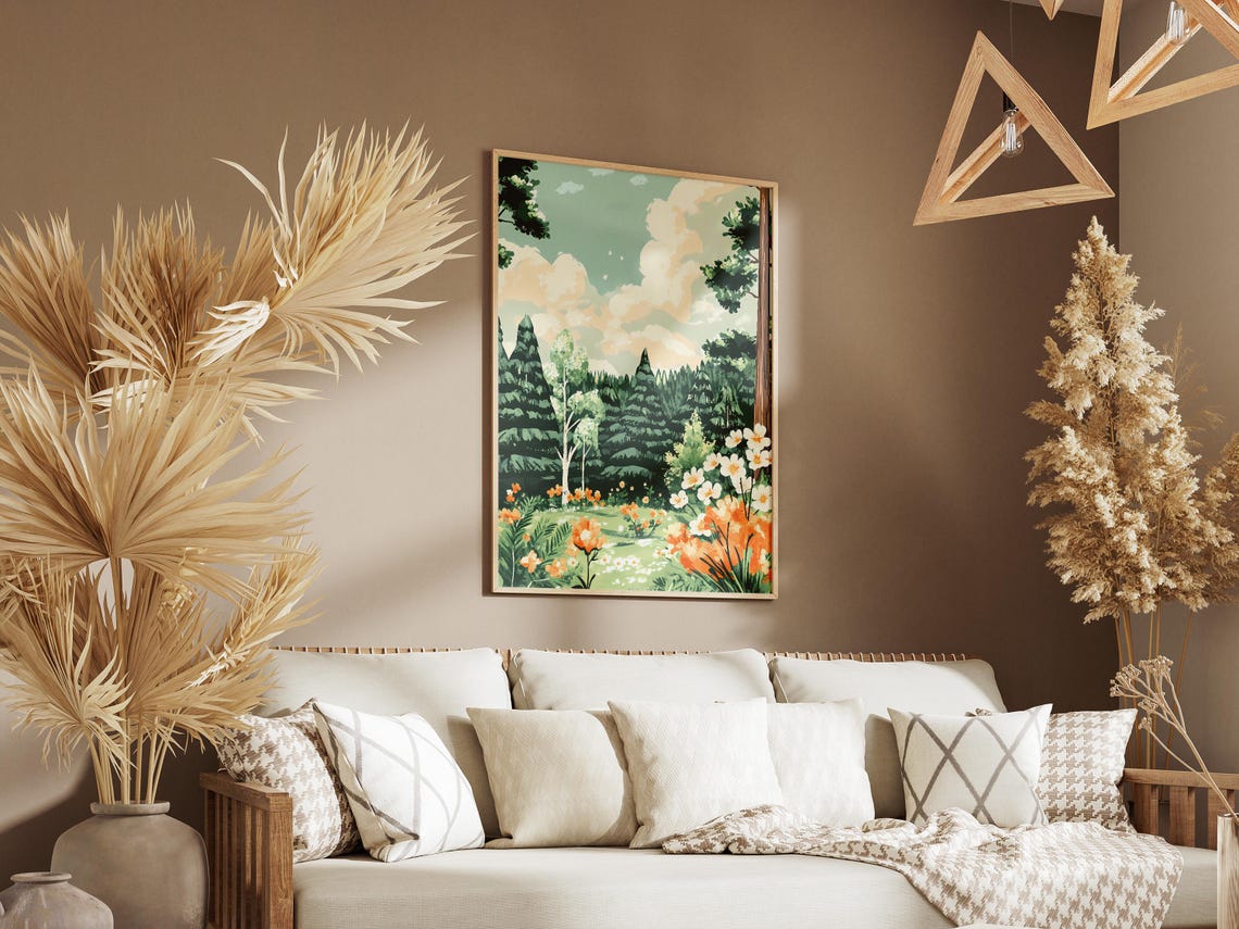 Pine Forest Meadow with Bright Orange Poppies and Blue Sky Poster - Image 3