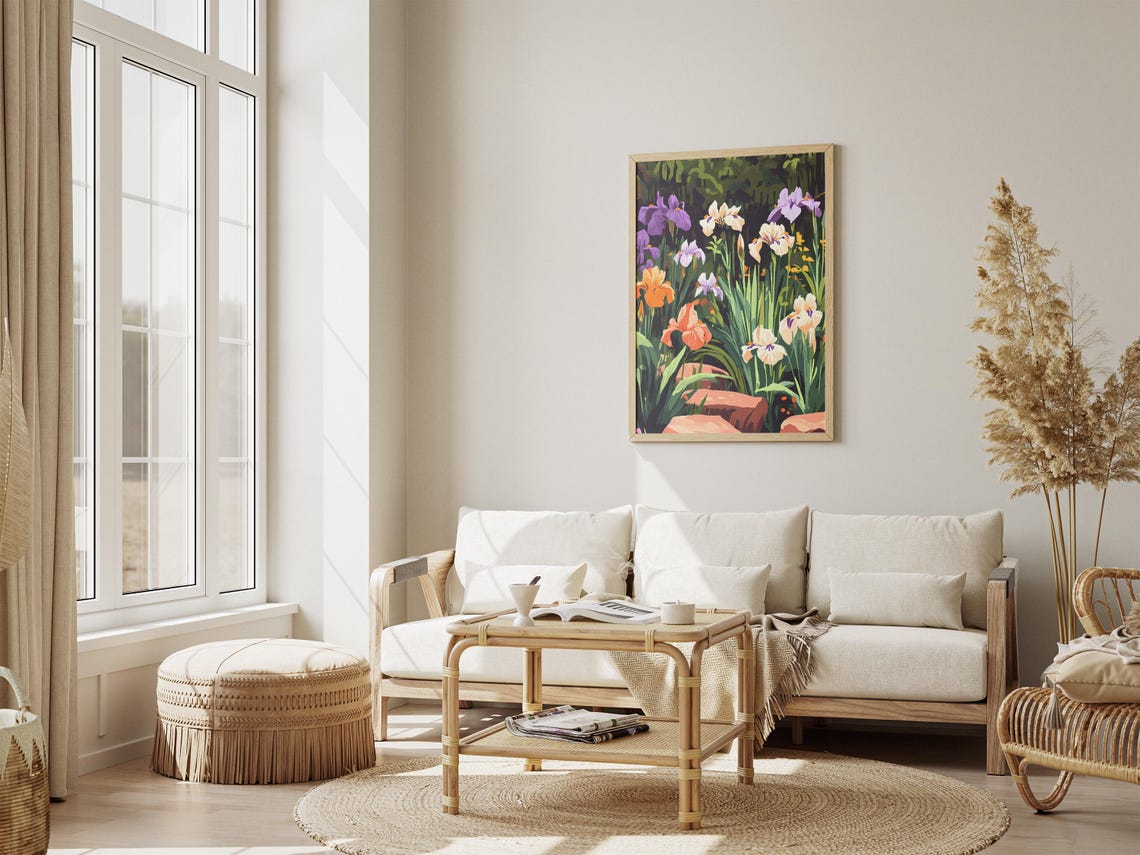 Multicolor Iris Garden Bed Poster With Purple White and Orange Blooms - Image 4
