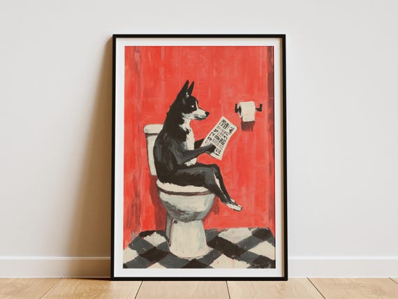 Humorous Husky Dog Toilet Newspaper Art Print Funny Bathroom Decor Pet Lover Gift Novelty Animal Poster Quirky Home