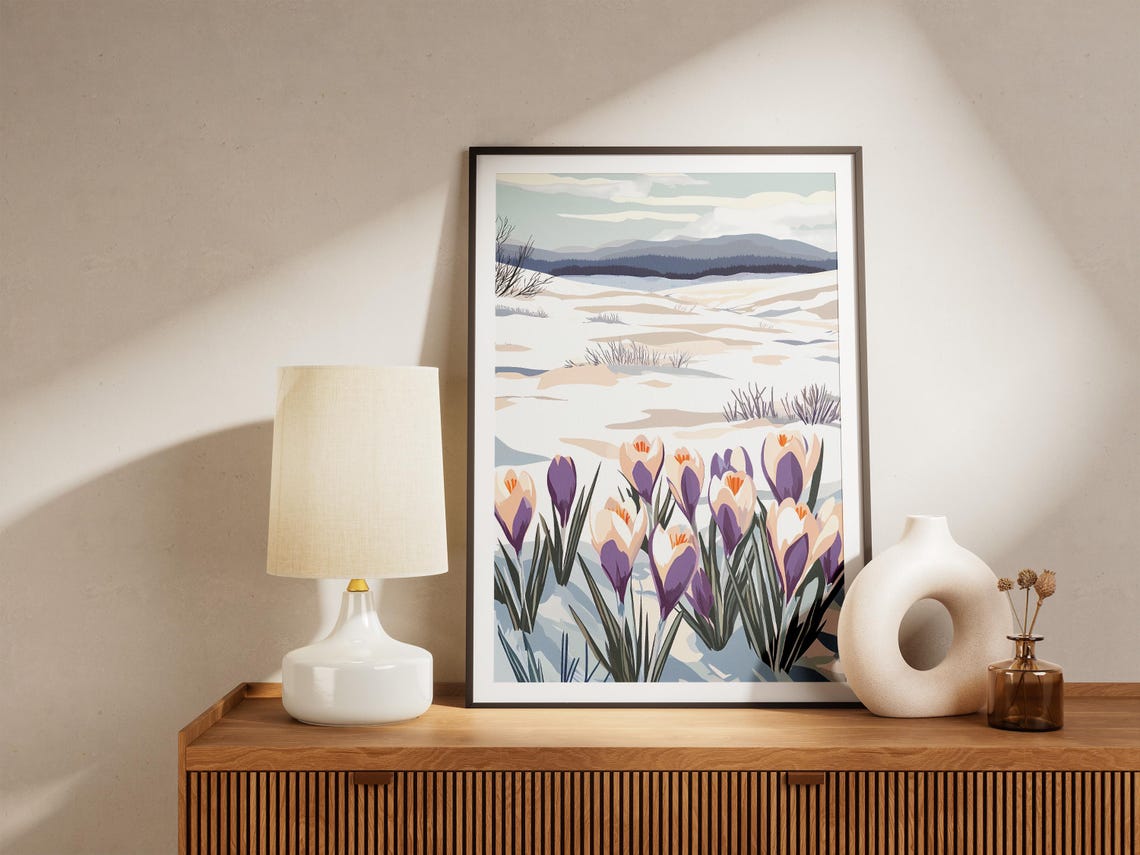Crocus Flowers in Snow Before Distant Blue Mountains Winter Poster - Image 5
