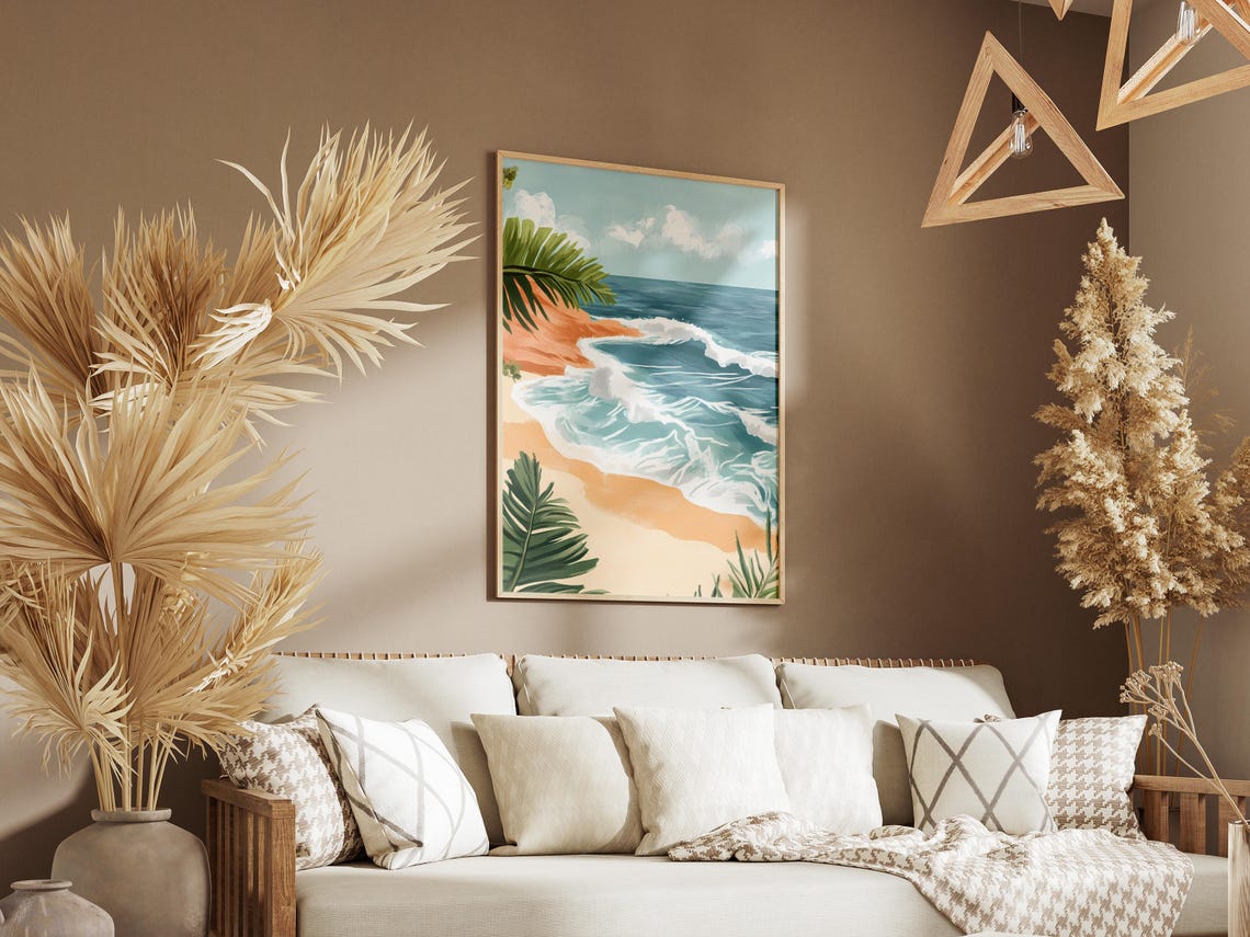 Tropical Beach Wave Curling Turquoise Ocean Palm Leaf Art Poster - Image 3