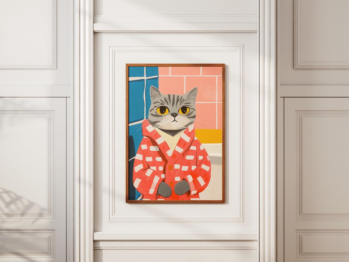 Tabby Cat Red Bathrobe Grumpy Bathroom Quirky Funny Art Poster - Image 2