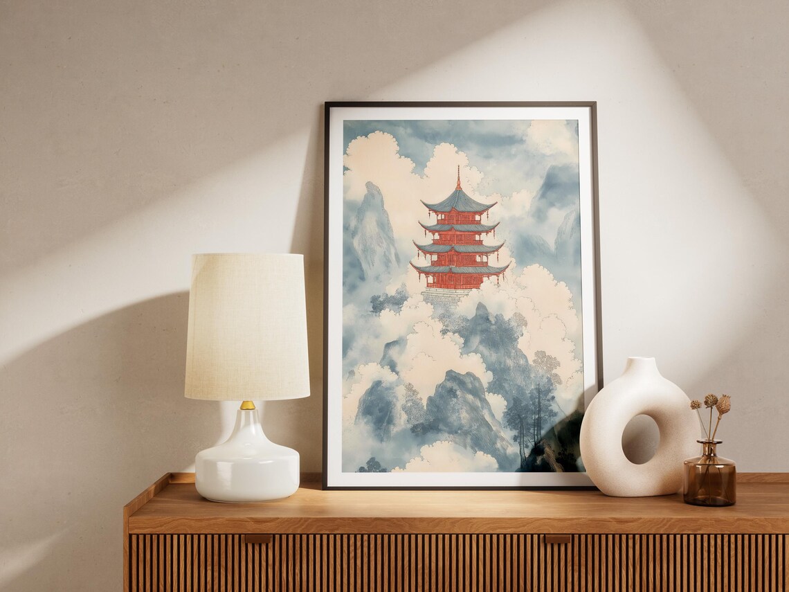 Red Pagoda On Misty Mountaintop Asian Watercolor Landscape Poster - Image 4