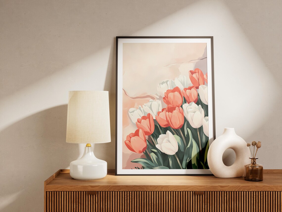 Romantic Coral And White Tulips Spring Garden Floral Art Poster - Image 4