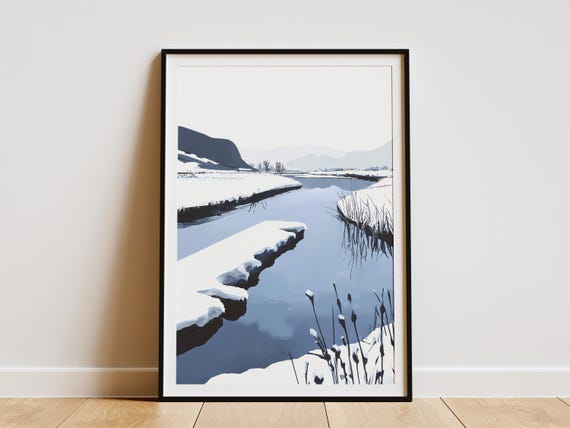 Winter River Landscape Poster Snowy Banks Print Peaceful Nature Art Blue And White Minimalist Illustration Modern Home Decor Calm