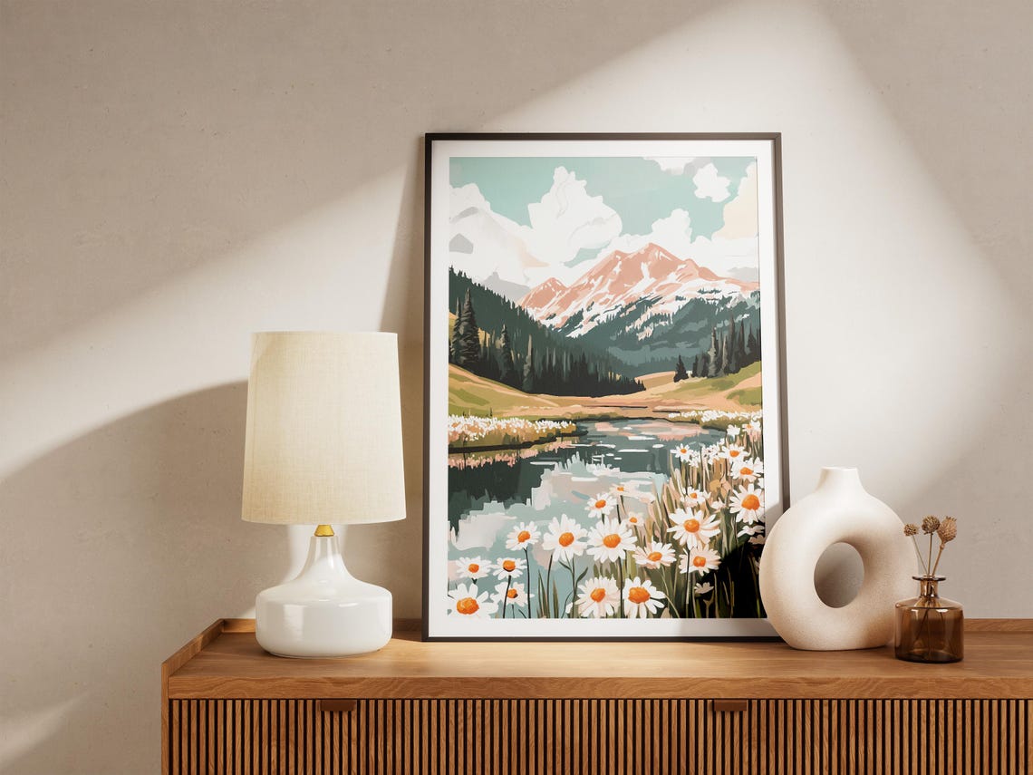 Alpine Lake with Daisy Foreground and Pink Mountain Peaks Poster - Image 5