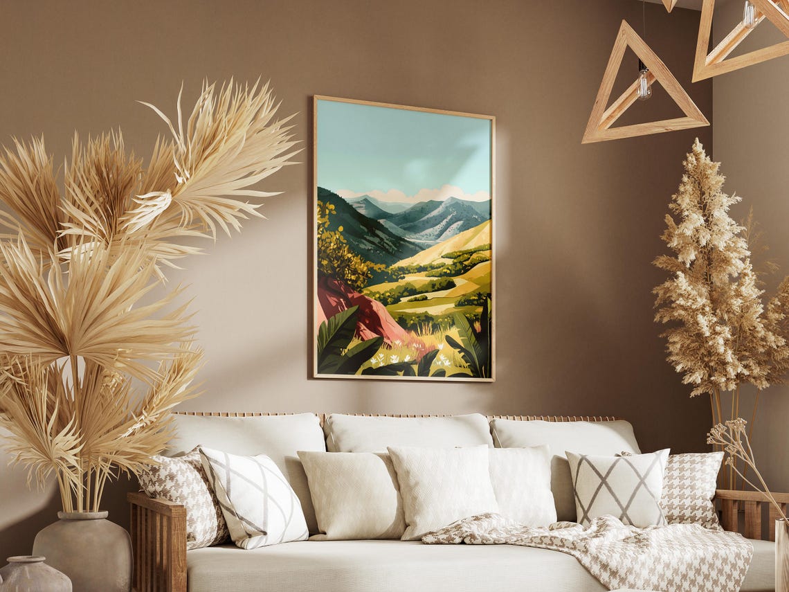 Sunlit Golden Valley Between Green Mountains Landscape Poster - Image 3