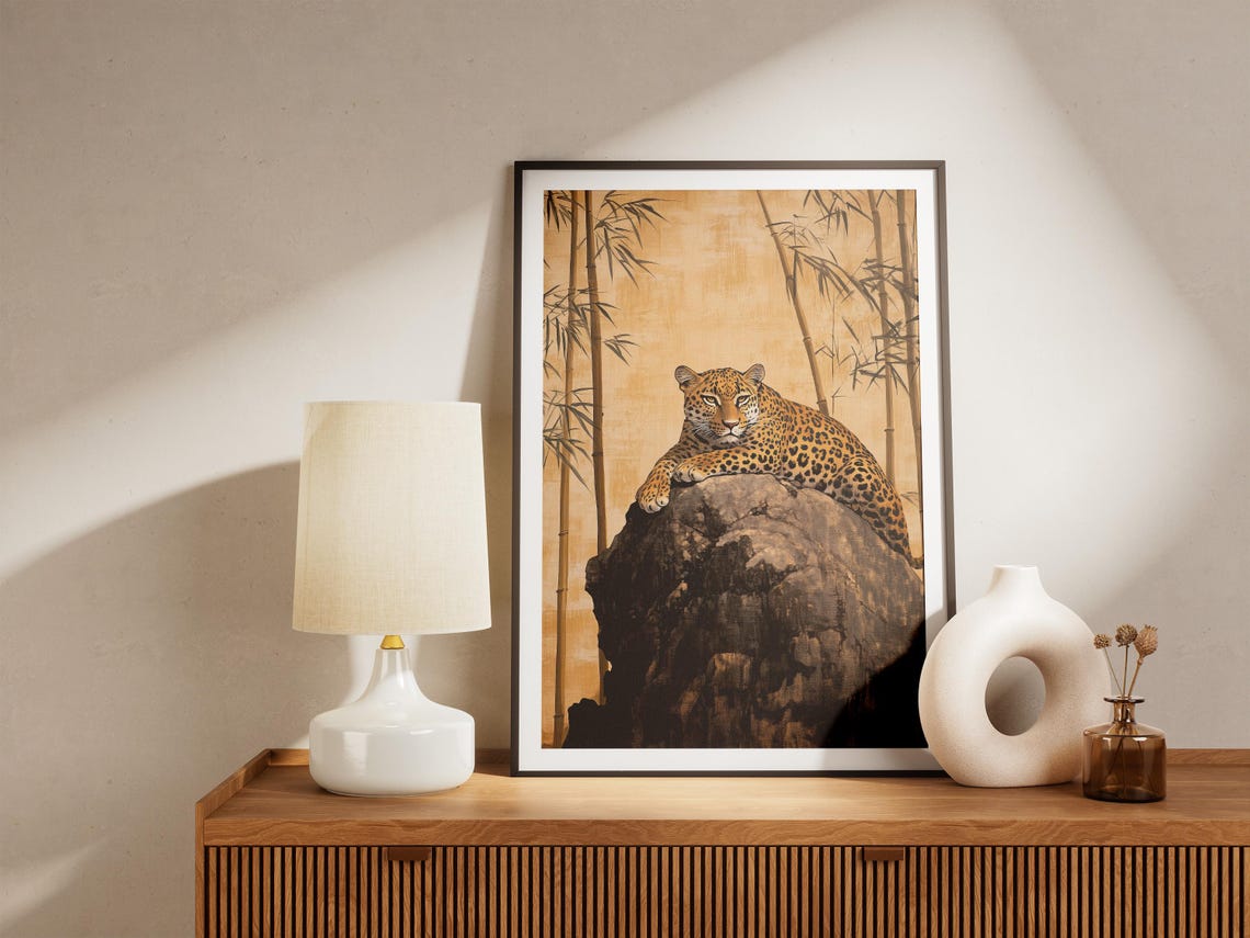 Leopard Resting on Rock in Golden Bamboo Grove Wildlife Art Poster - Image 5