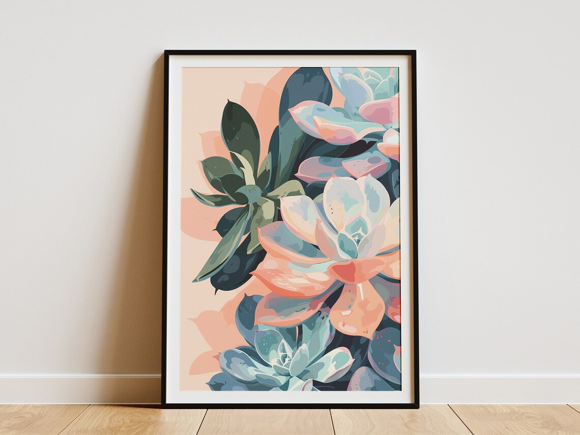 Pastel Succulent Plants Pink and Teal Minimalist Botanical Wall Poster