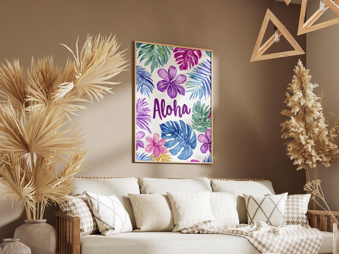 Aloha Script Watercolor Tropical Leaves Purple Floral Art Poster - Image 3