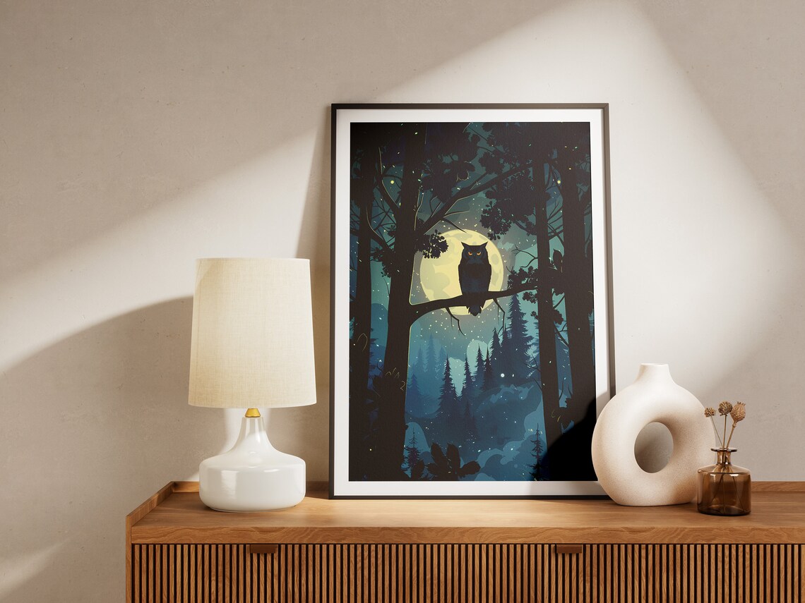 Owl Moonlight Forest Night Wildlife Minimalist Branch Poster - Image 2