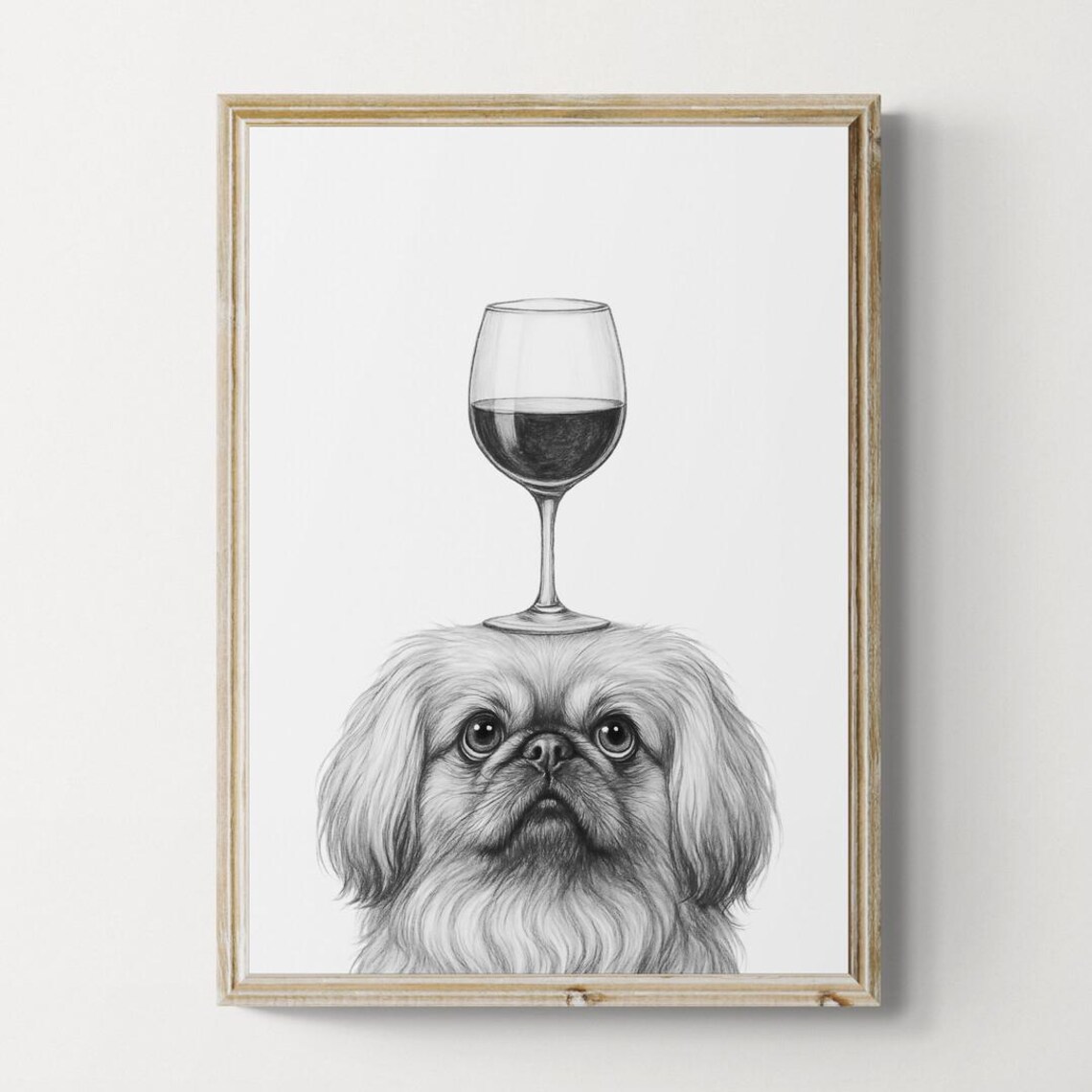 Pekingese Dog Art Print Funny And Wine Drawing Lover Wall Decor Lovers Gifts