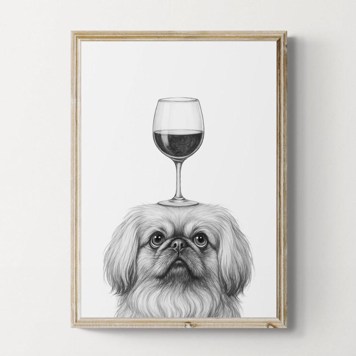 Regal Pekingese Balancing Red Wine Glass Pencil Sketch Poster