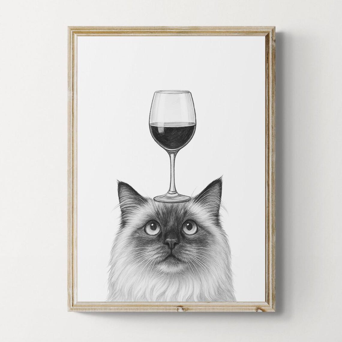 Birman Cat Balancing Red Wine Glass Cute Pencil Sketch Poster