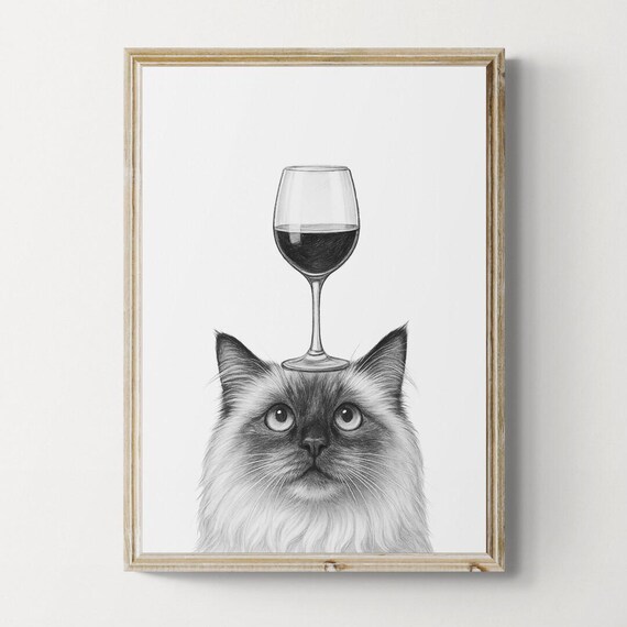 Birman Cat Balancing Red Wine Glass Cute Pencil Sketch Poster