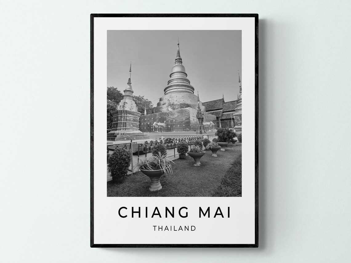 Chiang Mai Thailand Temple Chedi Black And White Travel Print Poster