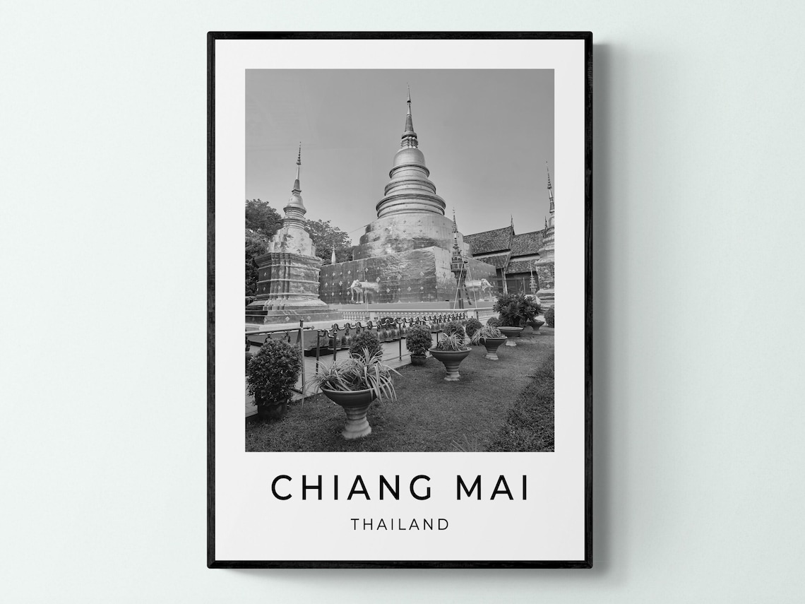 Chiang Mai Thailand Temple Tiered Chedi Stupa Monochrome Travel Poster