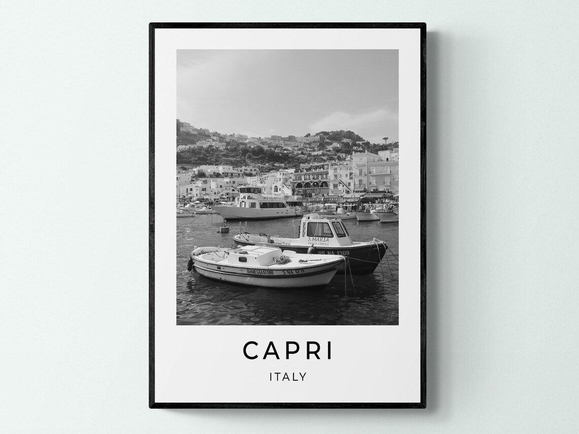 Capri Italy Marina Grande Harbor Boats Black and White Travel Poster