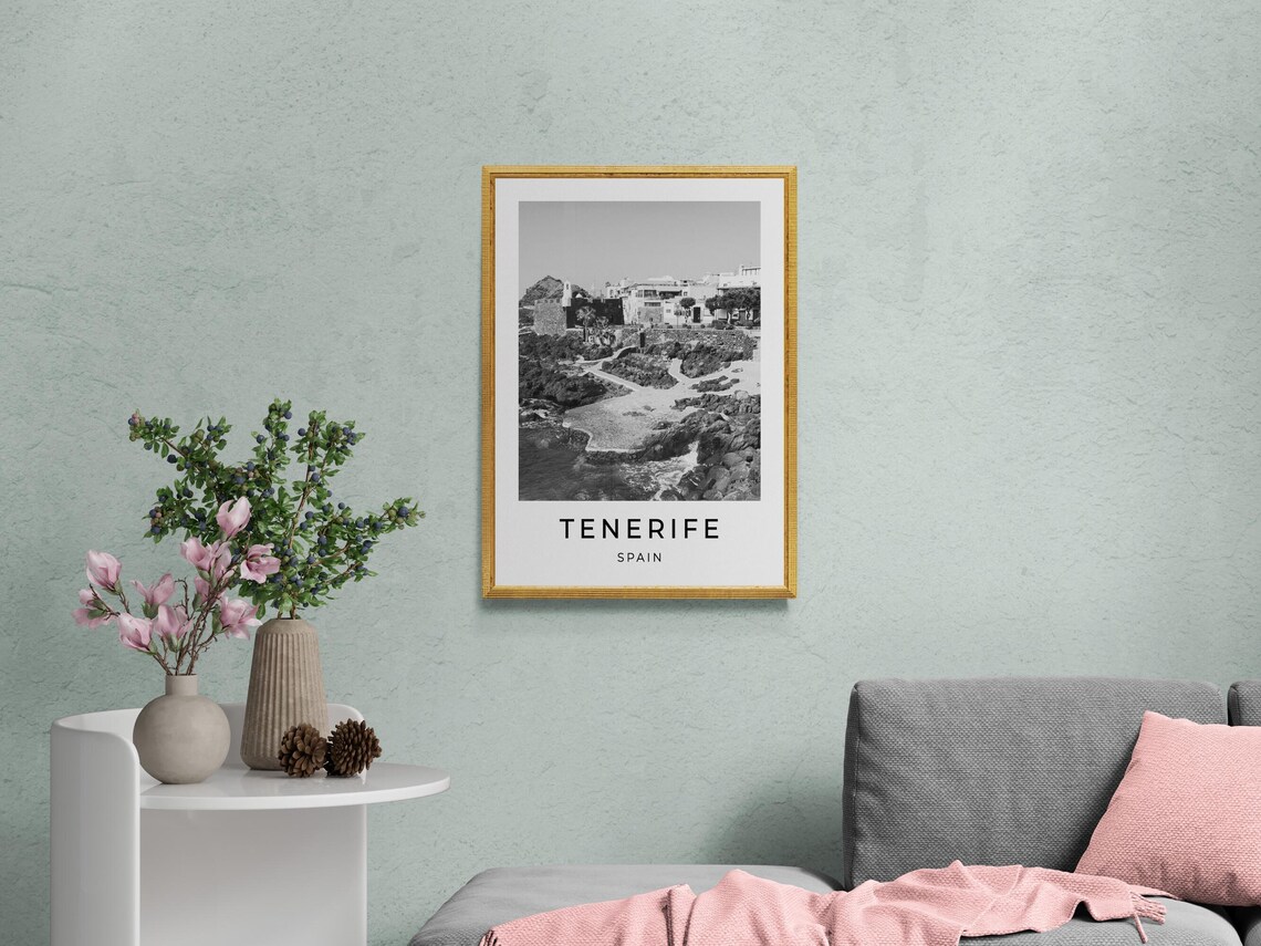 Tenerife Spain Rocky Coastline Castle View Black White Travel Poster - Image 2