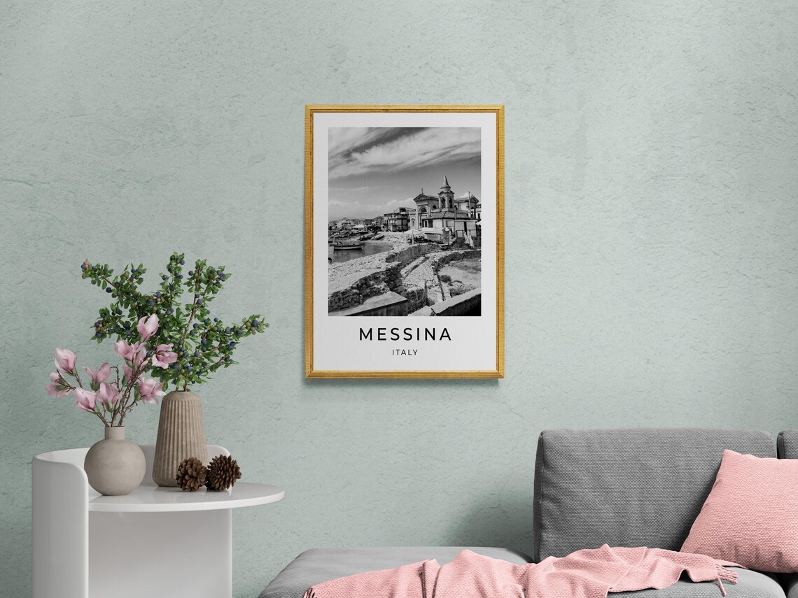 Messina Italy Black and White Harbor Church Sicily Coast Travel Poster