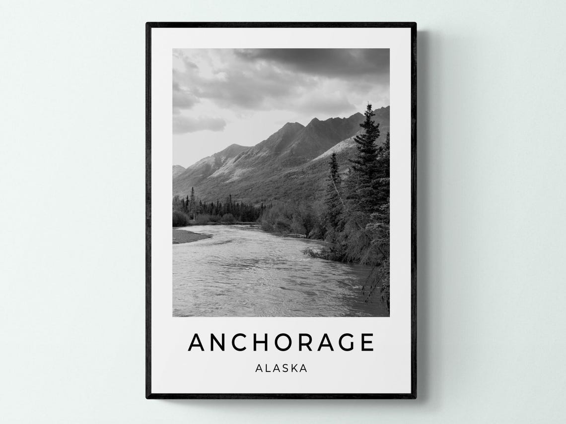 Anchorage Alaska River And Mountain Black And White Travel Poster