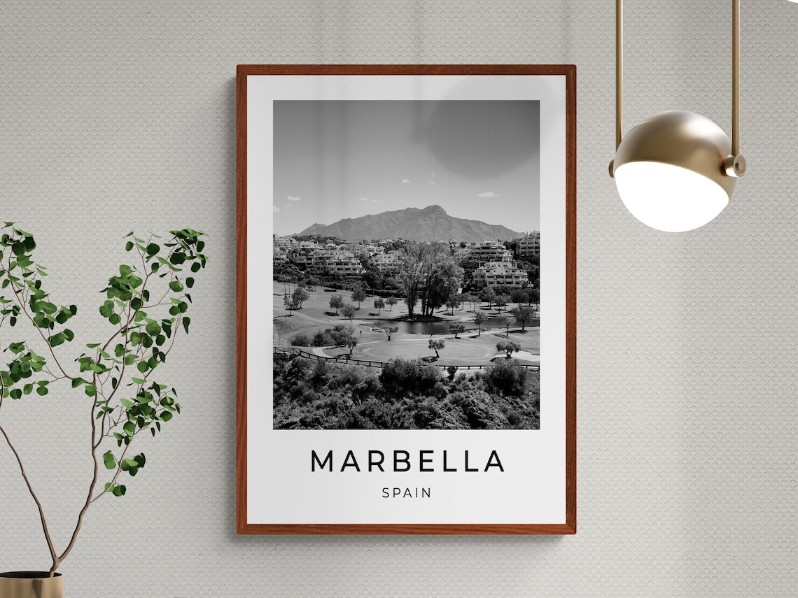 Marbella Spain Black and White Town Mountains Coast View Travel Poster - Image 2