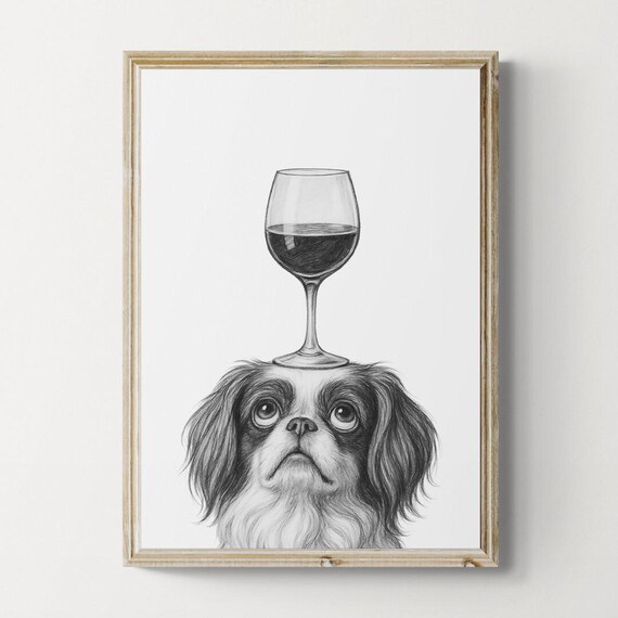 Japanese Chin Dog Art Print Funny And Wine Drawing Lover Wall Decor Lovers Gifts