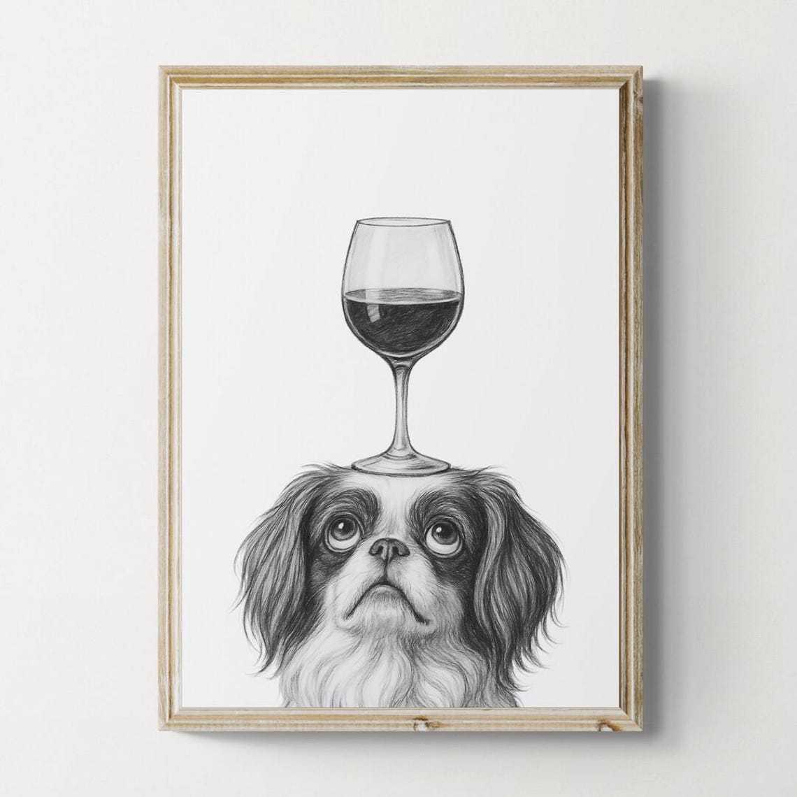 Japanese Chin Dog Balancing Red Wine Glass Delicate Sketch Poster