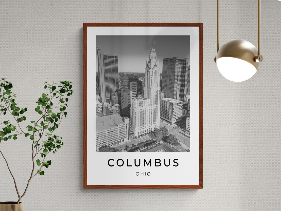 Columbus Ohio Downtown Skyline LeVeque Tower Aerial Monochrome Poster - Image 3